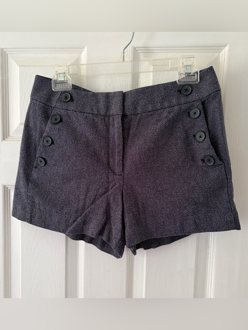 LOFT Navy Textured High-Waist Button-Accent Shorts